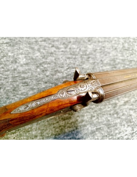 EXCELLENT FUSIL JUXTAPOSE DE LUXE A CHIENS EXTERNES SIGNE RIEGER